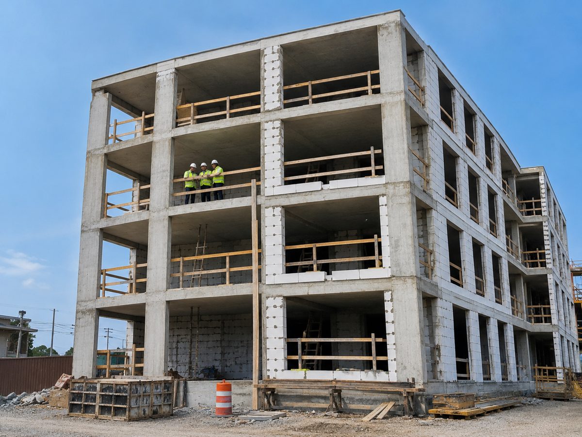 Multi-story commercial building under construction with crew reviewing plans