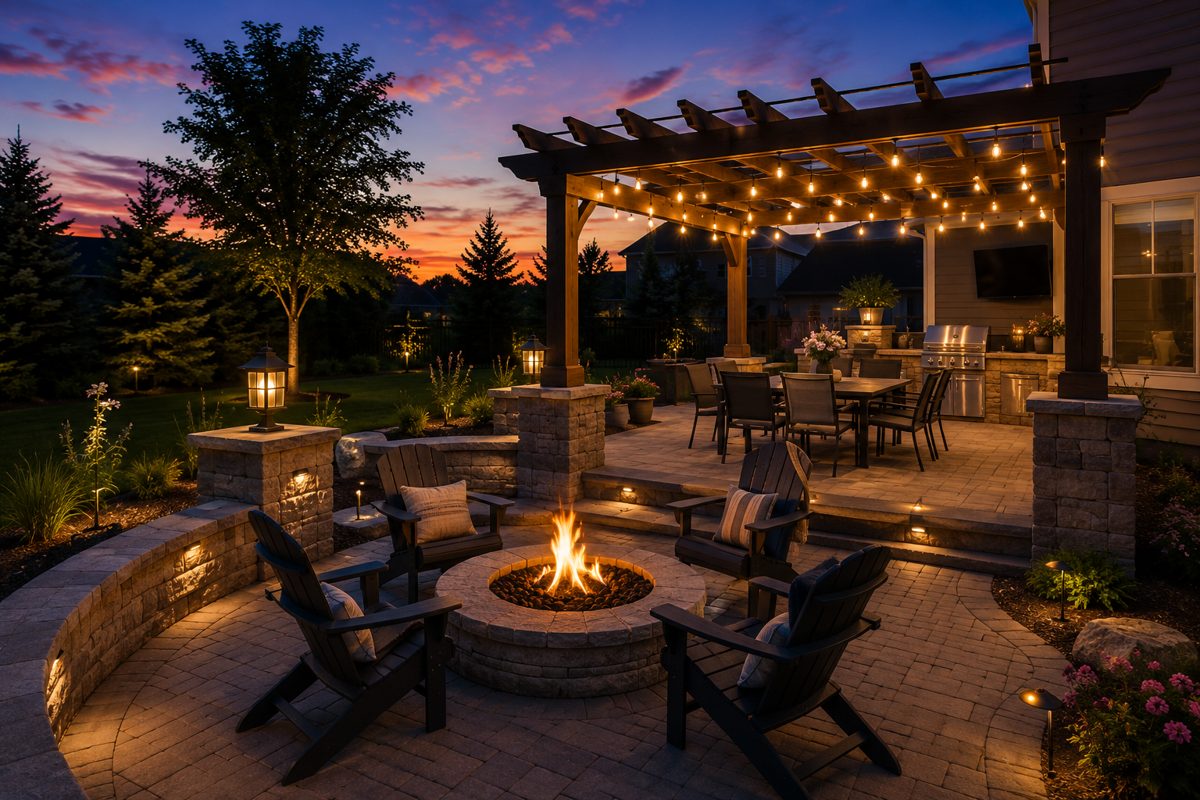 Patio with pergola and fire pit
